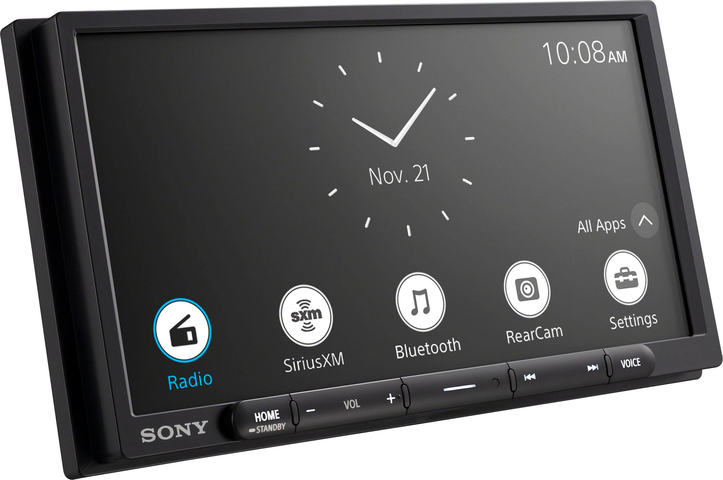 10:08 AM Nov. 21 Apps > All Radio > SONY sxm > SiriusXM > VOL - HOME > STANDBY > 7 > Bluetooth > Settings > RearCam > VOICE