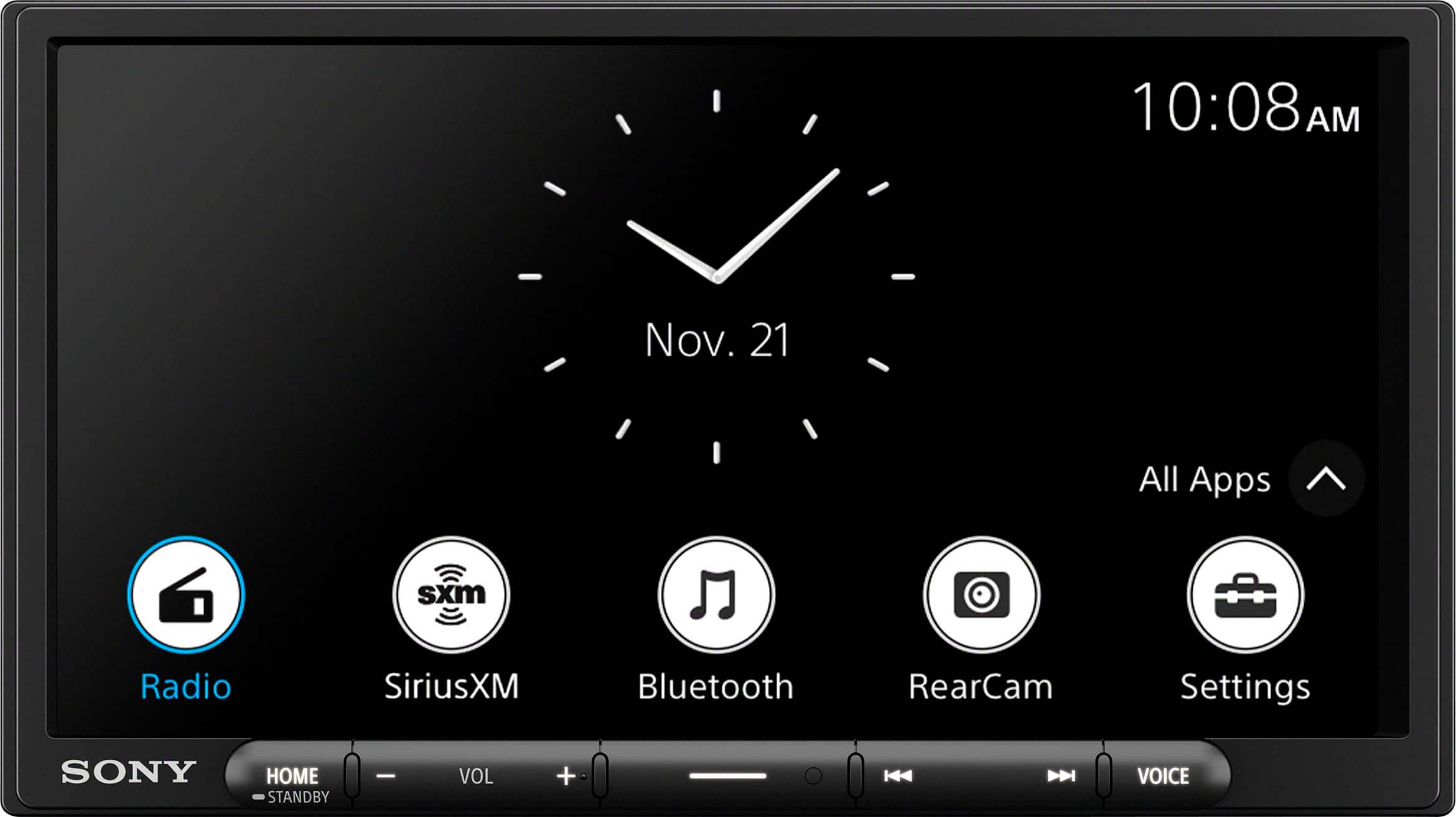 The text on the image reads: "10:08 AM Nov. 21 All Apps sxm Radio SiriusXM Bluetooth RearCam Settings SONY HOME STANDBY ee VOL + HH - VOICE."