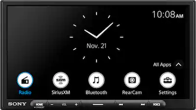 The text on the image reads: "10:08 AM Nov. 21 All Apps sxm Radio SiriusXM Bluetooth RearCam Settings SONY HOME STANDBY ee VOL + HH - VOICE."