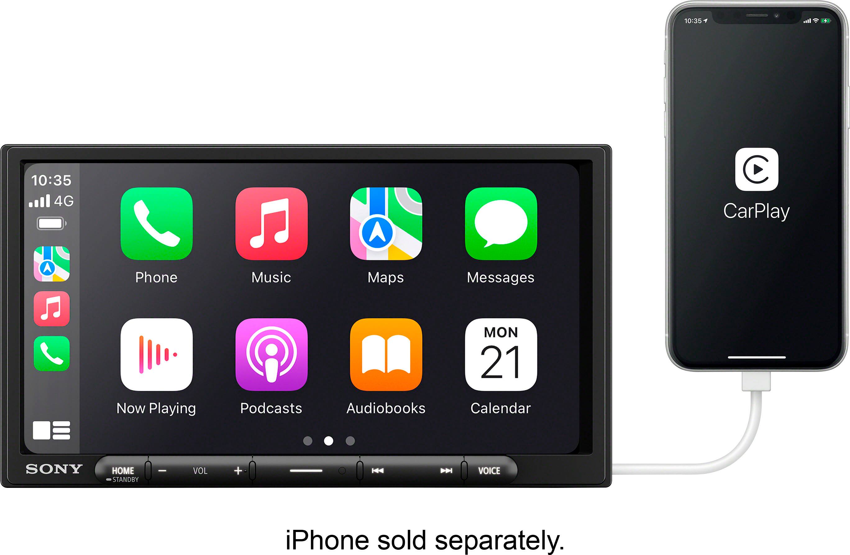 The text on the image reads: "10:25 10 - 10:35 4G C CarPlay A Phone Music Maps Messages Now Playing Podcasts Audiobooks MON 21 Calendar Sony Home Standby e Voice."