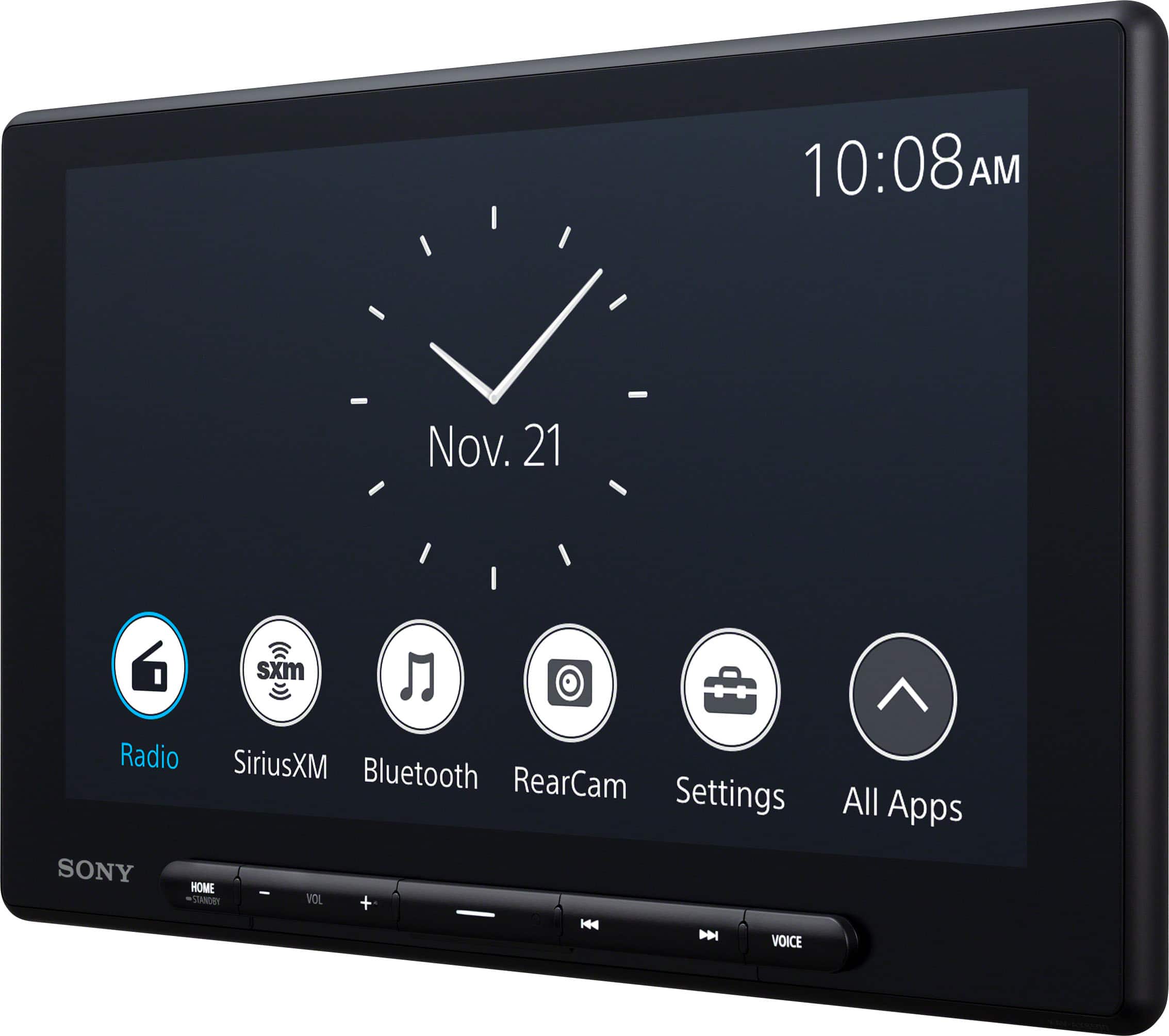 The text on the image reads: "10:08 AM Nov. 21 sxm Radio SiriusXM Bluetooth RearCam Settings SONY HOME / VOL + H H VOICE All Apps."