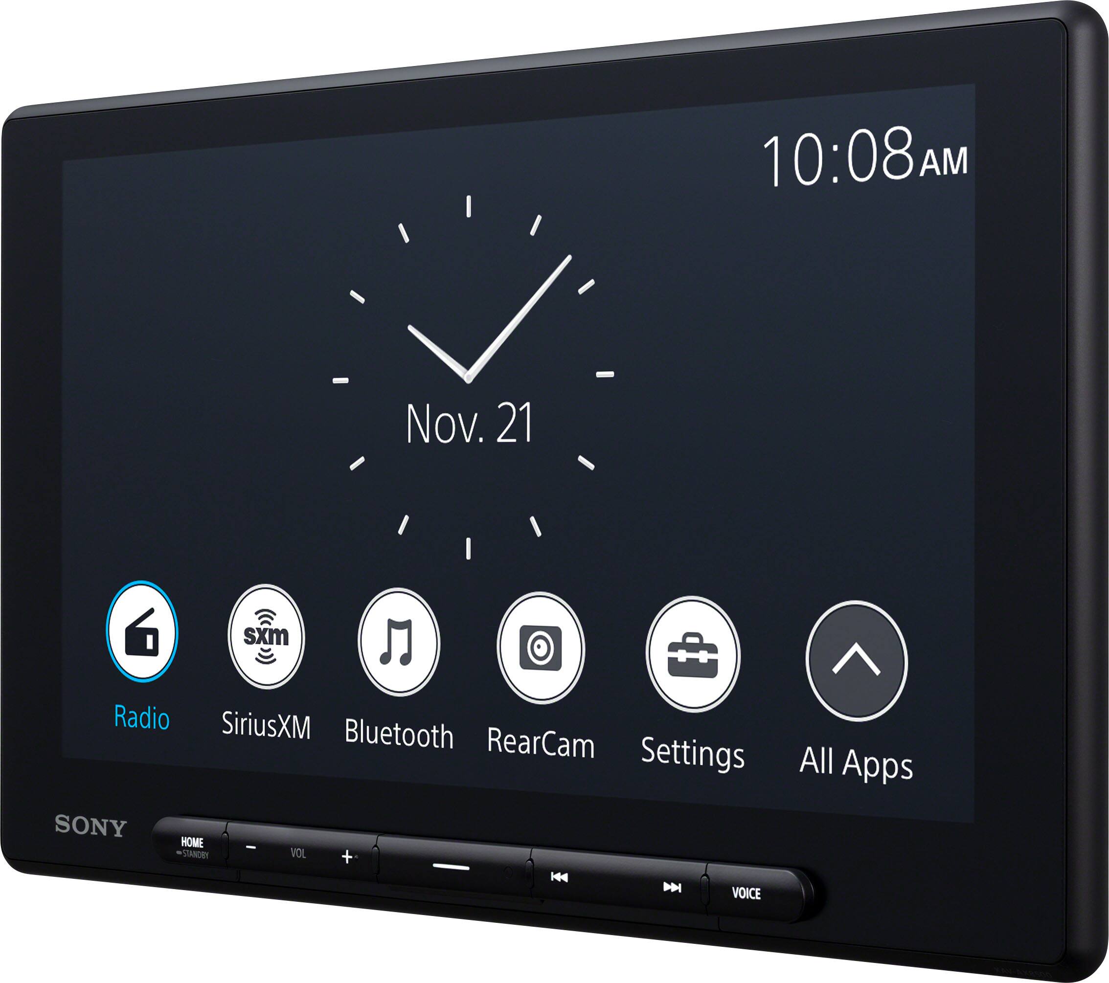 The text on the image reads: "10:08 AM Nov. 21 sxm Radio SiriusXM Bluetooth RearCam Settings SONY HOME / VOL + H H VOICE All Apps."