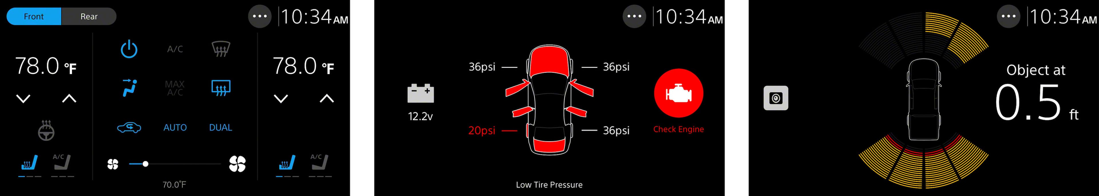 The text on the image is grouped and corrected as follows:
1. Front: 10:34 AM
2. Rear: 10:34 AM
3. 0:34 AM
4. 78.0 F
5. A/C MAX
6. A/C AUTO
7. DUAL
8. 78.0 'F
9. 12.2v
10. 36psi
11. 20psi
12. 36psi
13. 36psi
14. Check Engine
15. Object at 0.5 ft
16. ArC 41 Ar
17. 70.0F
18. Low Tire Pressure