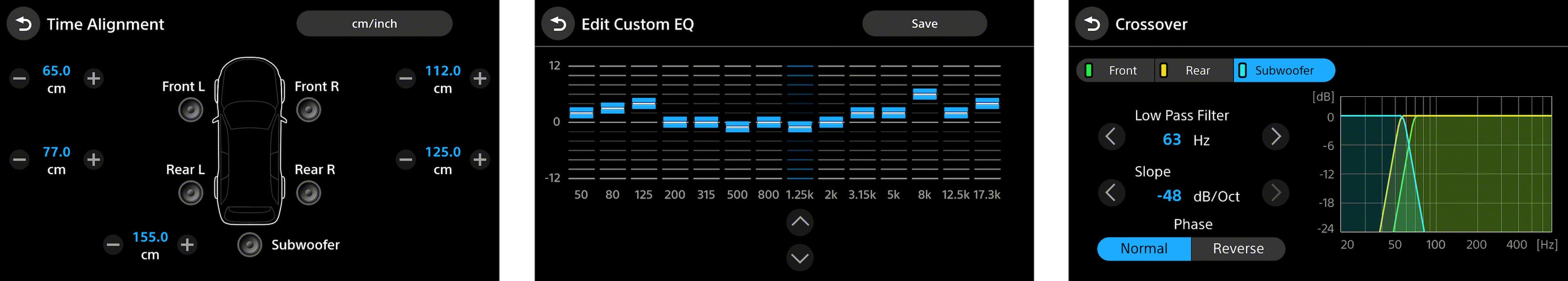 The image displays a graphical user interface with various settings for a sound system. The settings include time alignment, crossover, and custom EQ. The image also shows the frequency response of the speakers, with a range of 100 Hz to 20 kHz. The user can edit the settings to optimize the sound system's performance.