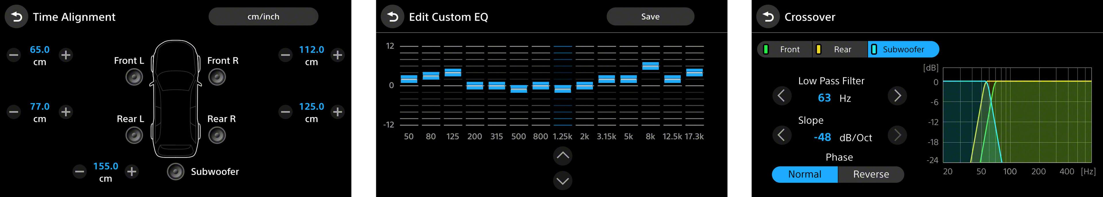 The image displays a graphical user interface with various settings for a sound system. The settings include time alignment, crossover, and custom EQ. The image also shows the frequency response of the speakers, with a range of 100 Hz to 20 kHz. The user can edit the settings to optimize the sound system's performance.