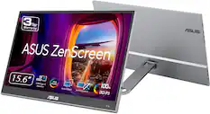 The text on the image reads: "3 Year Warranty ASUS ZenScreen Zen 15.6 - UA PE-C OLED Monitor Auto 100% sRGB Rotatr N kink stand DCI-P3 ASUS ASUS."