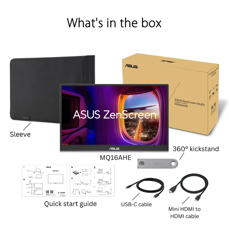 What's in the box: ASUS ZenScreen OLED MQ16AHE, ASUS ZenScreen 2 Sleeve, ASUS MQ16AHE, Docking station, 360 kickstand.