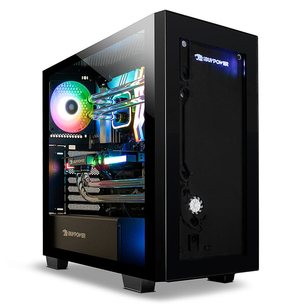 The image features a black computer tower with a rainbow-colored fan on top. The tower is from the iBUYPOWER brand, and it has a large fan on the side. The fan is colorful, adding a vibrant touch to the otherwise sleek and modern design of the computer tower.