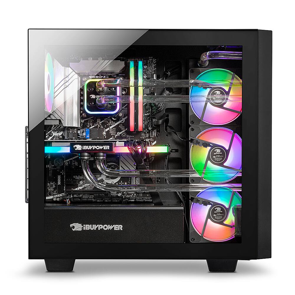 The image features a computer case with a rainbow of colors inside, showcasing a vibrant and colorful design. The case is open, revealing the internal components, including a CPU and a hard drive. The case is made by iBUYPOWER, a company known for their high-quality computer parts and accessories.
