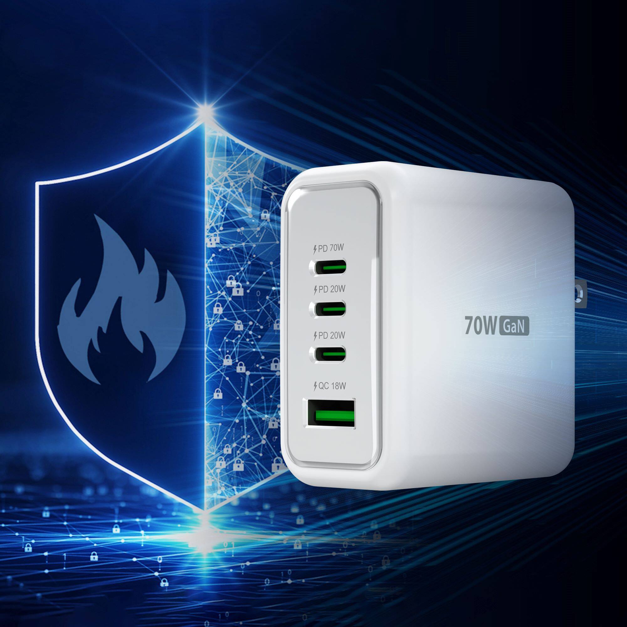 The text on the image reads "PD F 70W PD 20W PD 20W 70W GaN 9 QC 18W." This text describes the features of the device, which is a portable charger with three USB ports. The charger has a capacity of 70W, and it can charge two devices at 20W each, or one device at 70W. Additionally, it supports QC 18W fast charging.