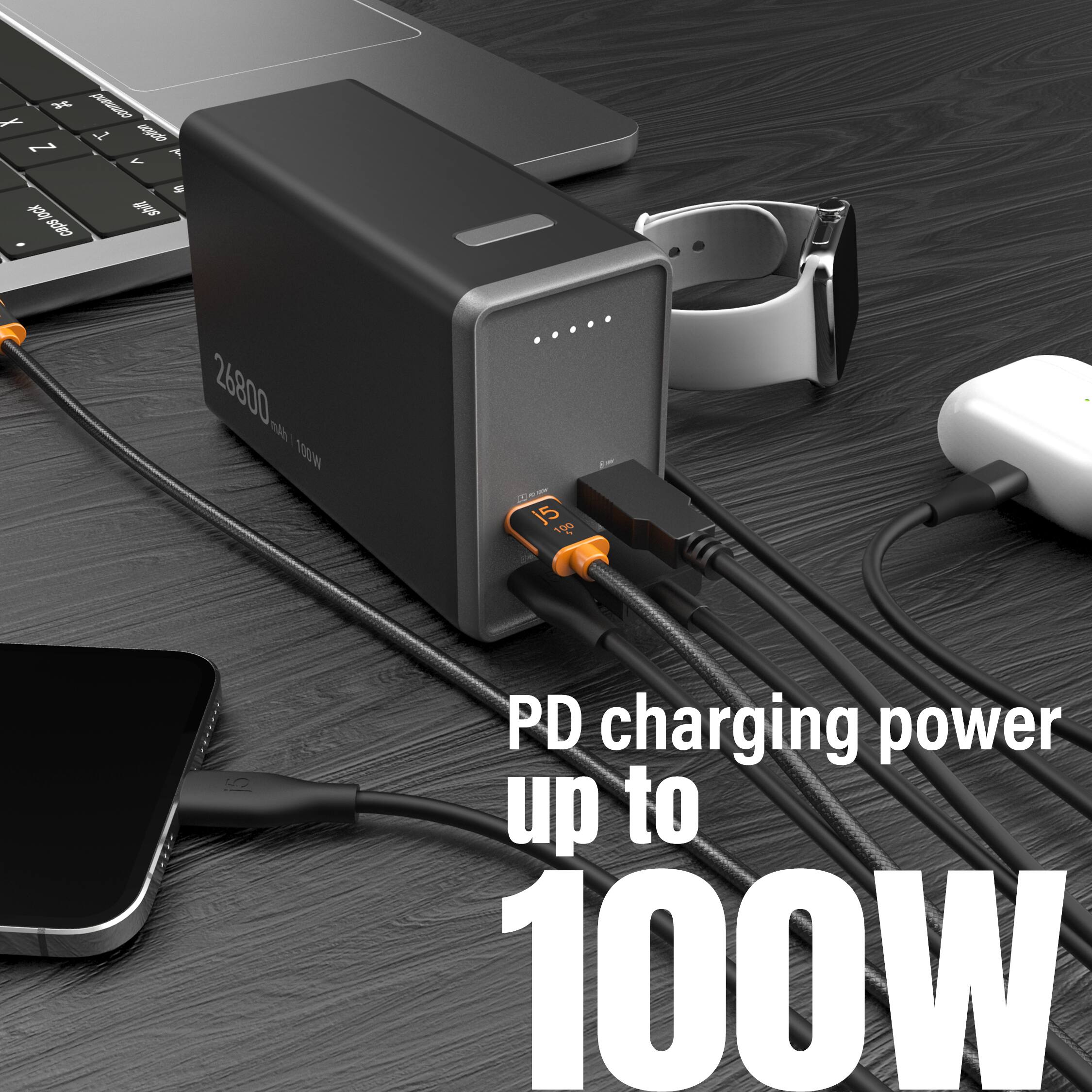 The text on the image reads: "PD charging power up to 100W."