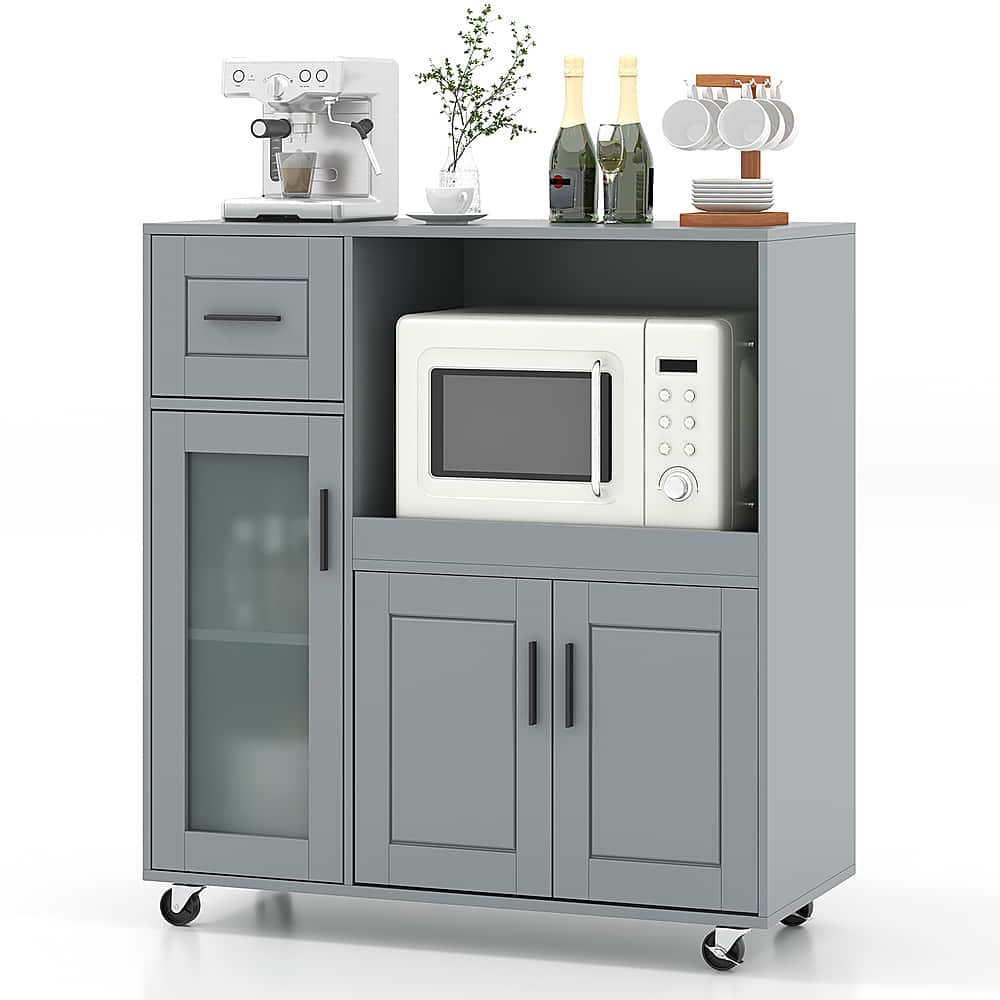 Costway - Rolling Kitchen Island with Wheels Kitchen Cart with Drawer and Glass Door Cabinet - Gray