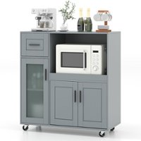 Costway Rolling Kitchen Island with Wheels Kitchen Cart with Drawer and Glass Door Cabinet - Gray - Front_Zoom