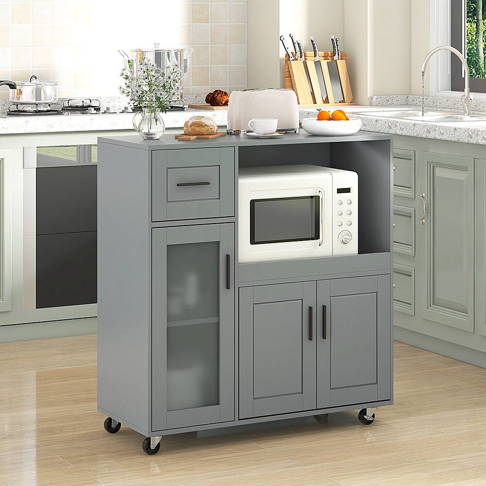 Alt View 11. Costway - Costway Rolling Kitchen Island with Wheels Kitchen Cart with Drawer and Glass Door Cabinet - Gray.