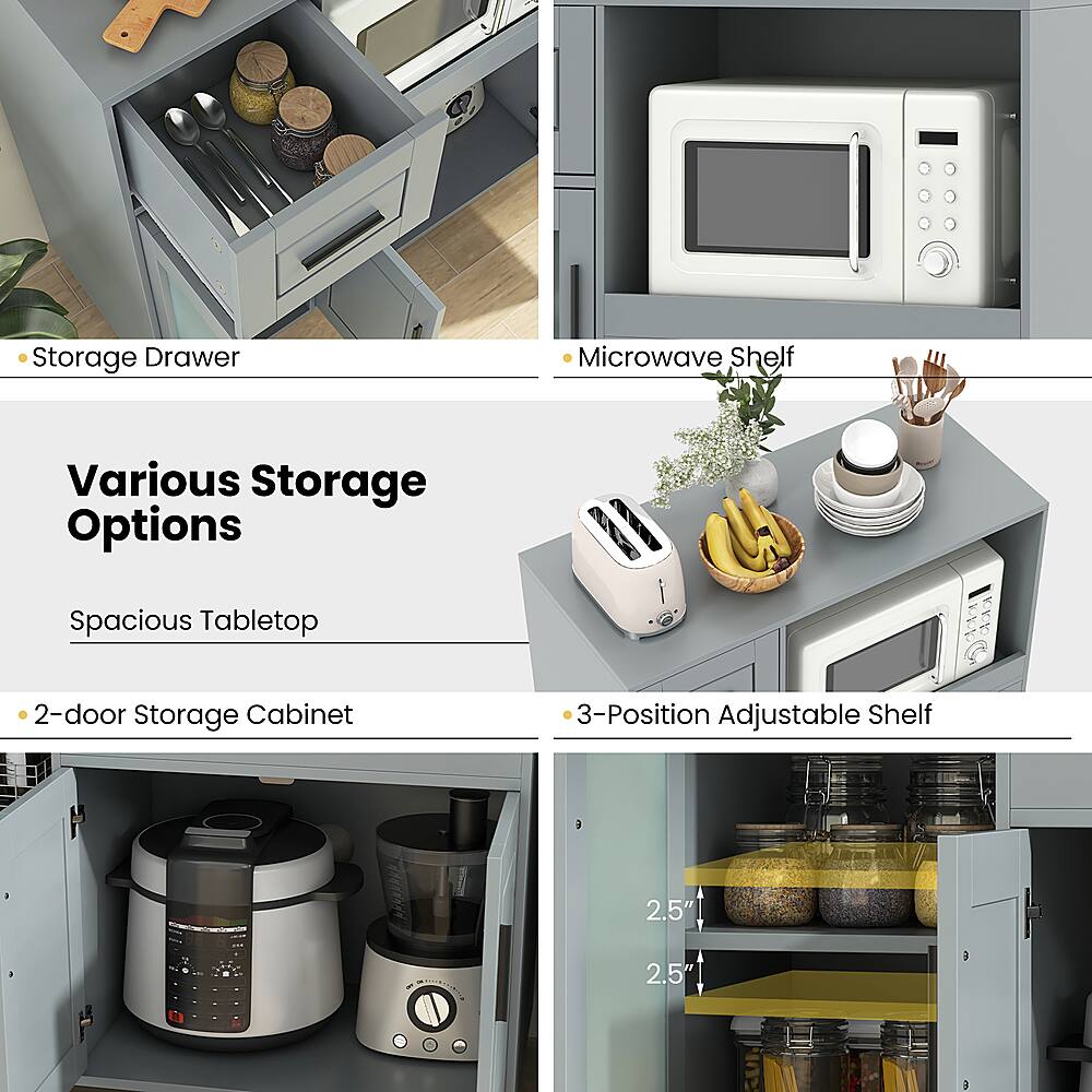 The image showcases various storage options for a kitchen, including a storage drawer, a microwave shelf, a spacious tabletop, a 2-door storage cabinet, and a 3-position adjustable shelf. The storage drawer is filled with kitchen utensils, while the microwave shelf holds a microwave and a potted plant. The tabletop features a bowl of bananas and a toaster, and the storage cabinet has a variety of items stored in it. The adjustable shelf is also filled with various kitchen items.