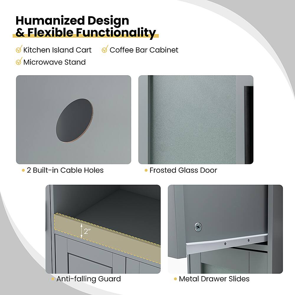 Humanized Design & Flexible Functionality: Kitchen Island Cart, Coffee Bar Cabinet, Microwave Stand, 2 Built-in Cable Holes, Frosted Glass Door, 2" Anti-falling Guard, Metal Drawer Slides.