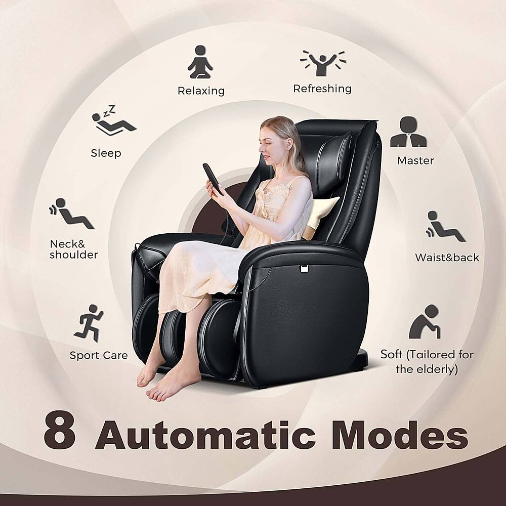 The image shows a woman sitting in a chair with her feet propped up, surrounded by various icons representing different modes. The text on the image reads "8 Automatic Modes," which suggests that the chair offers a range of features and functions to cater to different needs and preferences. The icons surrounding the woman represent the various modes, such as relaxing, refreshing, sleep, master, neck and shoulder, waist and back, sport care, and soft (tailored for the elderly). These modes likely offer different levels of massage, pressure, and comfort to suit the user's preferences and requirements.