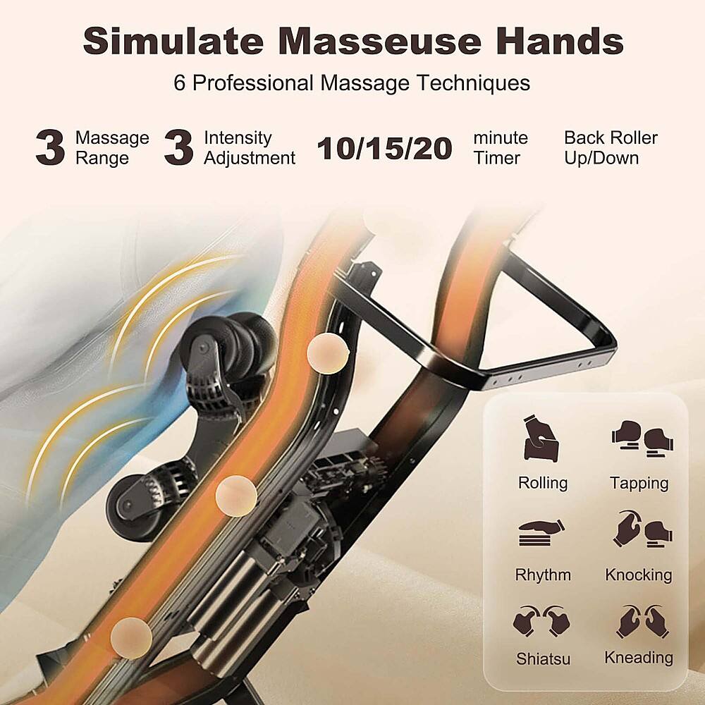 Simulate Masseuse Hands: 6 Professional Massage Techniques

1. Massage Intensity: 3 Range
2. Adjustment: 10/15/20 Minute Timer
3. Up/Down Roller
4. Rolling
5. Tapping
6. Rhythm
7. Knocking
8. Shiatsu
9. Kneading