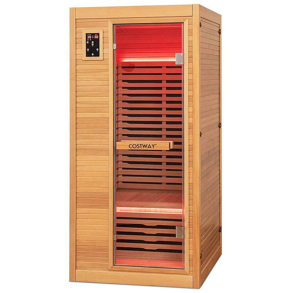 Costway - 1 Person Far Infrared Wooden Sauna Room with Bluetooth Speakers, 9 Carbon Heaters - Natural
