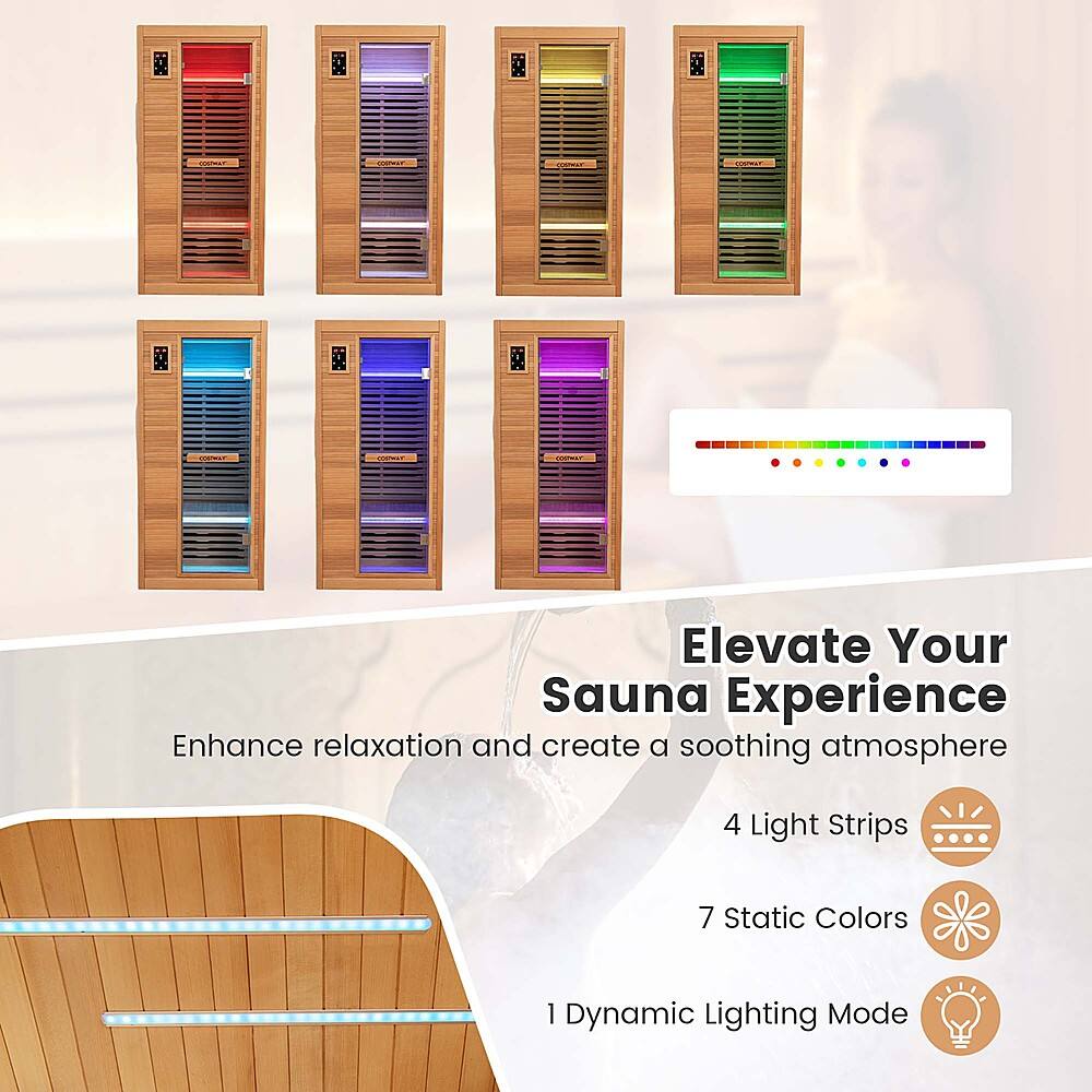 Elevate Your Sauna Experience Enhance relaxation and create a soothing atmosphere with 4 Light Strips and 7 Static Colors. Additionally, enjoy a dynamic lighting mode for a more immersive experience.