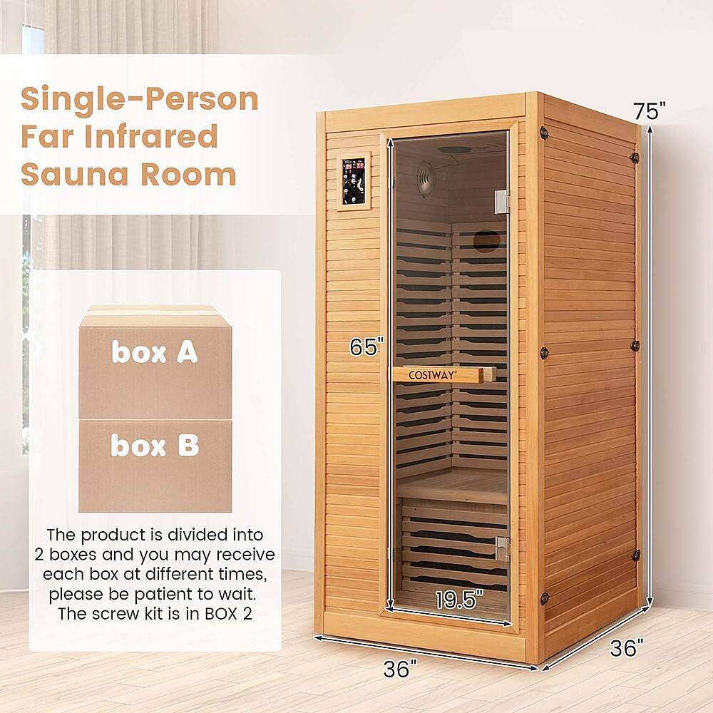 Single-Person Far Infrared Sauna Room 75" box A 65" COSTWAY box The product is divided into 2 boxes and you may receive each box at different times, please be patient to wait. The screw kit is in BOX 2 19.5" 36" 36"