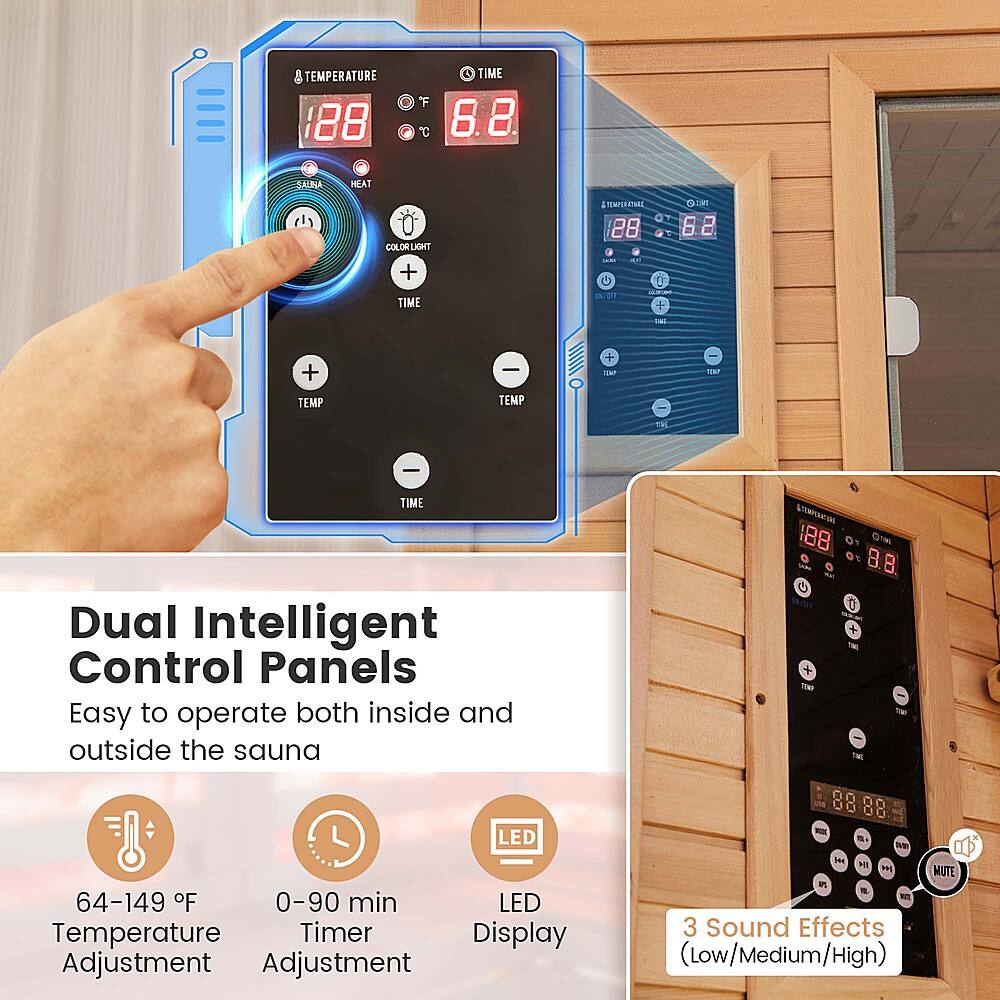 Dual Intelligent Control Panels: Easy to operate both inside and outside the sauna. 28 - 6.2 + TIME G 1/01 - + | + - I - TEMP TEMP TE I TIME Dual Intelligent Control Panels: Easy to operate both inside and outside the sauna. 28 - B B 0 M - LED 64-149 oF 0-90 min LED Temperature Timer Display Adjustment Adjustment - .  - MI E MUTE i . 3 Sound Effects (Low/Medium/High)