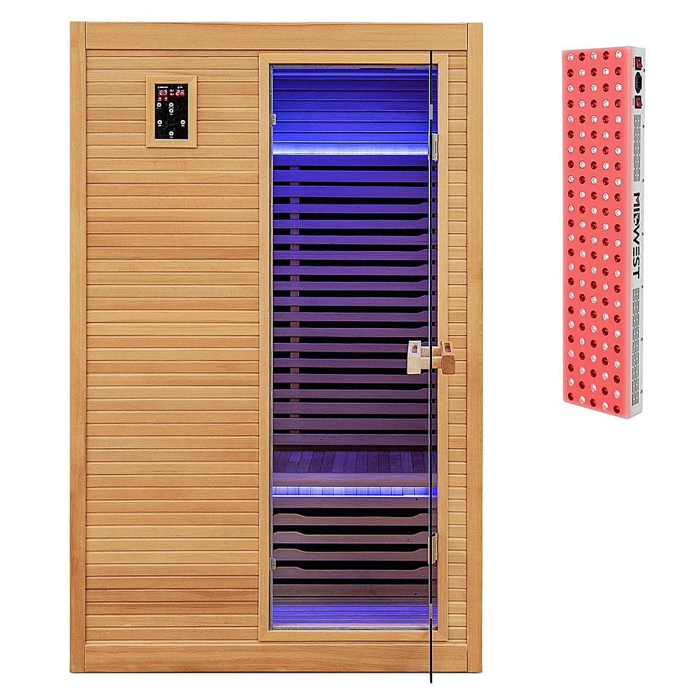 Costway - 2 People Far Infrared Wooden Sauna Room with Bluetooth Speakers 4 Light Strips Free Red Light Therapy - Natural