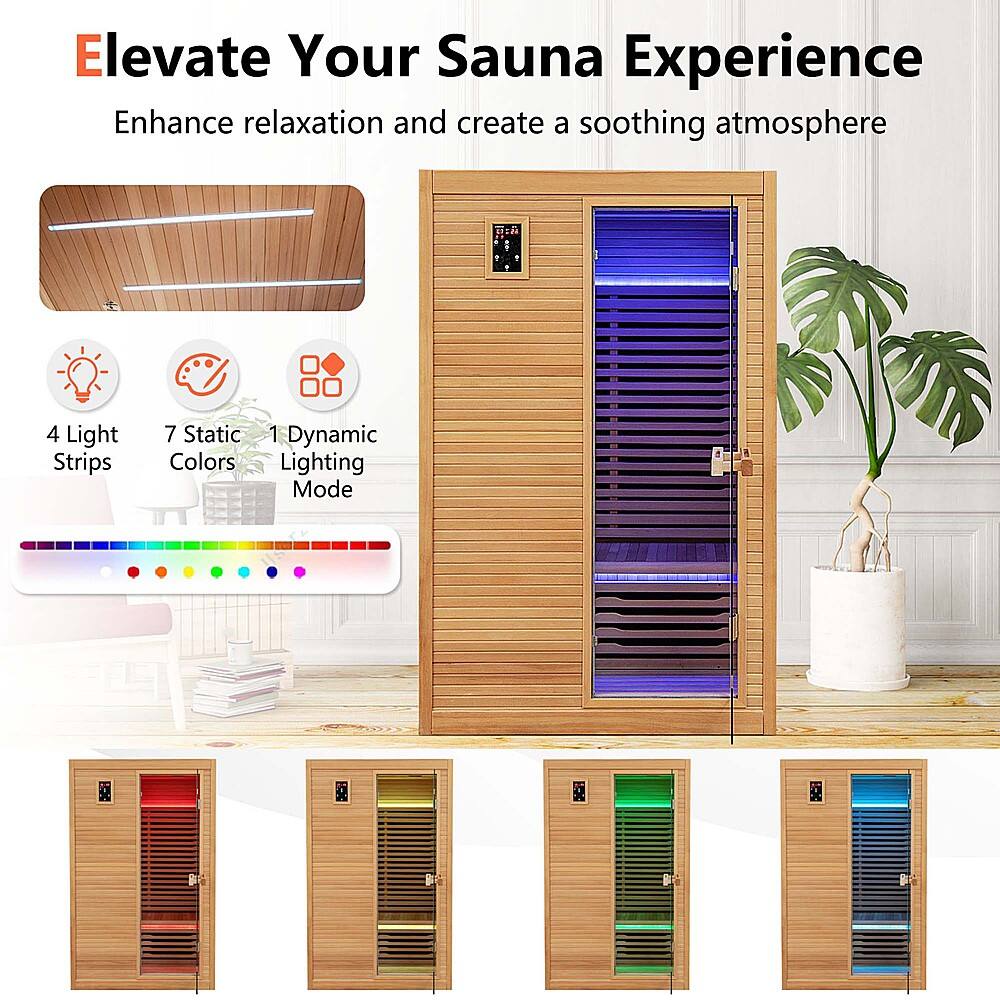Elevate Your Sauna Experience Enhance relaxation and create a soothing atmosphere with 2 4 Light Strips, 7 Static, and 1 Dynamic Colors Lighting Mode.
