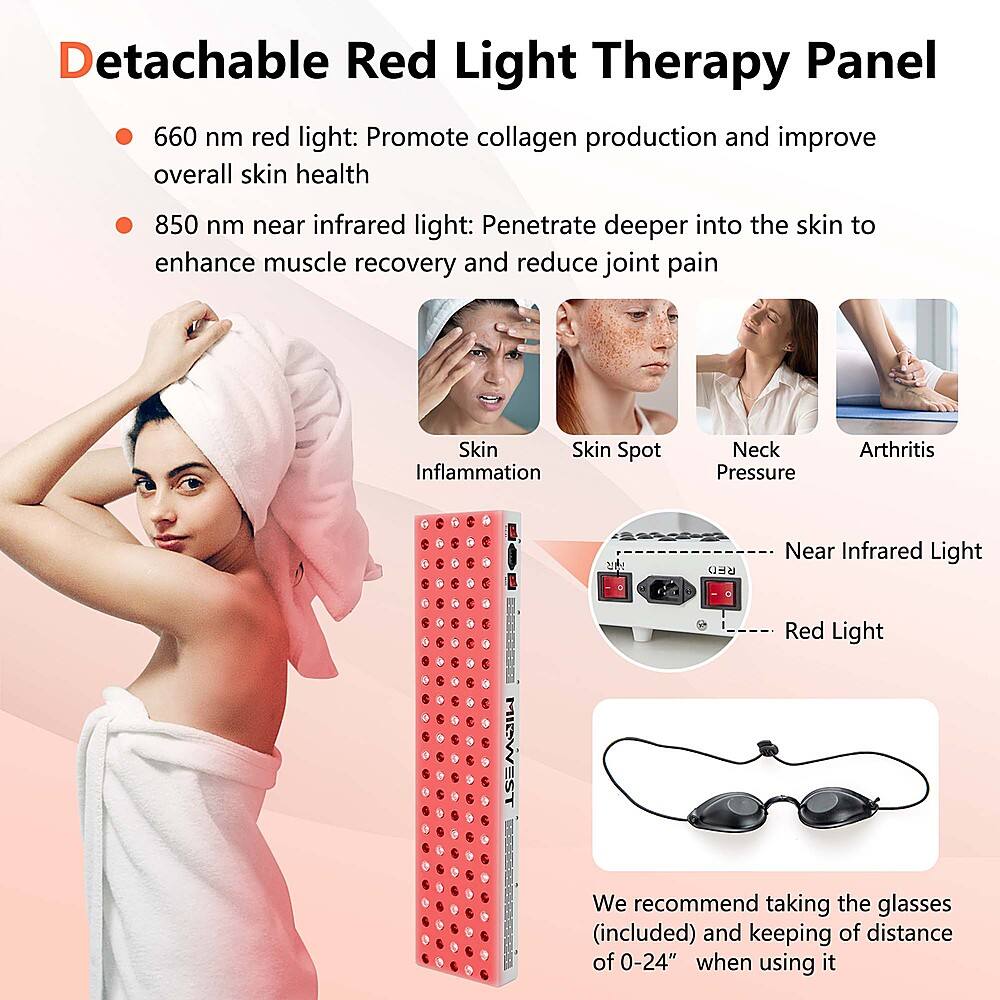Detachable Red Light Therapy Panel:

* 660 nm red light: Promotes collagen production and improves overall skin health
* 850 nm near infrared light: Penetrates deeper into the skin to enhance muscle recovery and reduce joint pain
* Skin Spot Inflammation
* Neck Pressure
* Arthritis
* RED Near Infrared Light
* MIDWEST FEc28 Red Light

We recommend taking the glasses (included) and keeping a distance of 0-24" when using it.