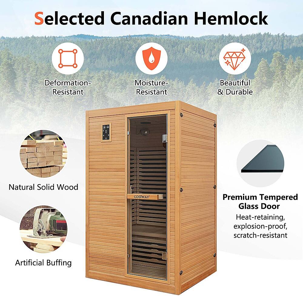 Selected Canadian Hemlock Deformation-Resistant Moisture-Resistant Beautiful & Durable Natural Solid Wood COSTWAY Premium Tempered Glass Door Heat-retaining, explosion-proof, scratch-resistant Artificial Buffing
