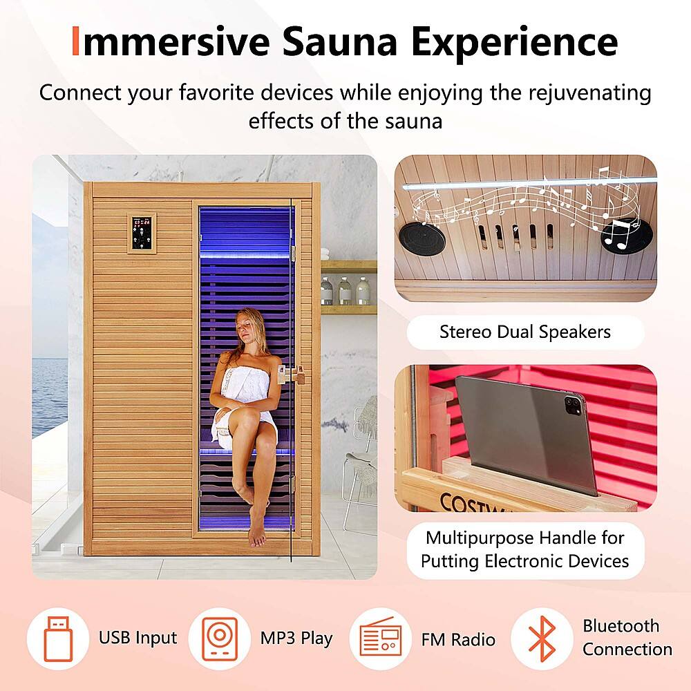 Immersive Sauna Experience: Connect your favorite devices while enjoying the rejuvenating effects of the sauna. Stereo Dual Speakers, Cost-Multipurpose Handle for Putting Electronic Devices, USB Input, MP3 Play, FM Radio, Bluetooth Connection.