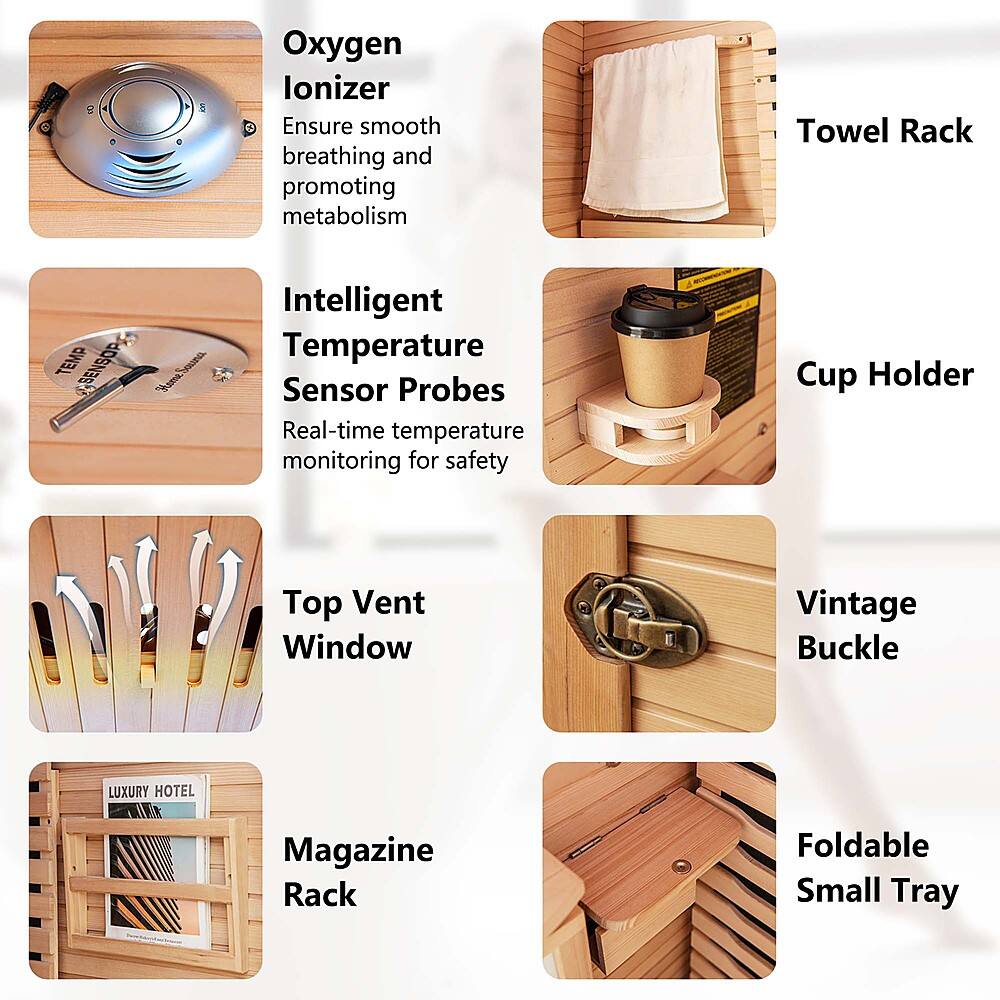 1. Oxygen Ionizer: Ensure smooth breathing and promoting metabolism.
2. Towel Rack: Temperature Sensor Probes: Real-time temperature monitoring for safety.
3. Cup Holder: Top Vent Window: Vintage Buckle: Luxury Hotel Magazine Rack: Foldable Small Tray.