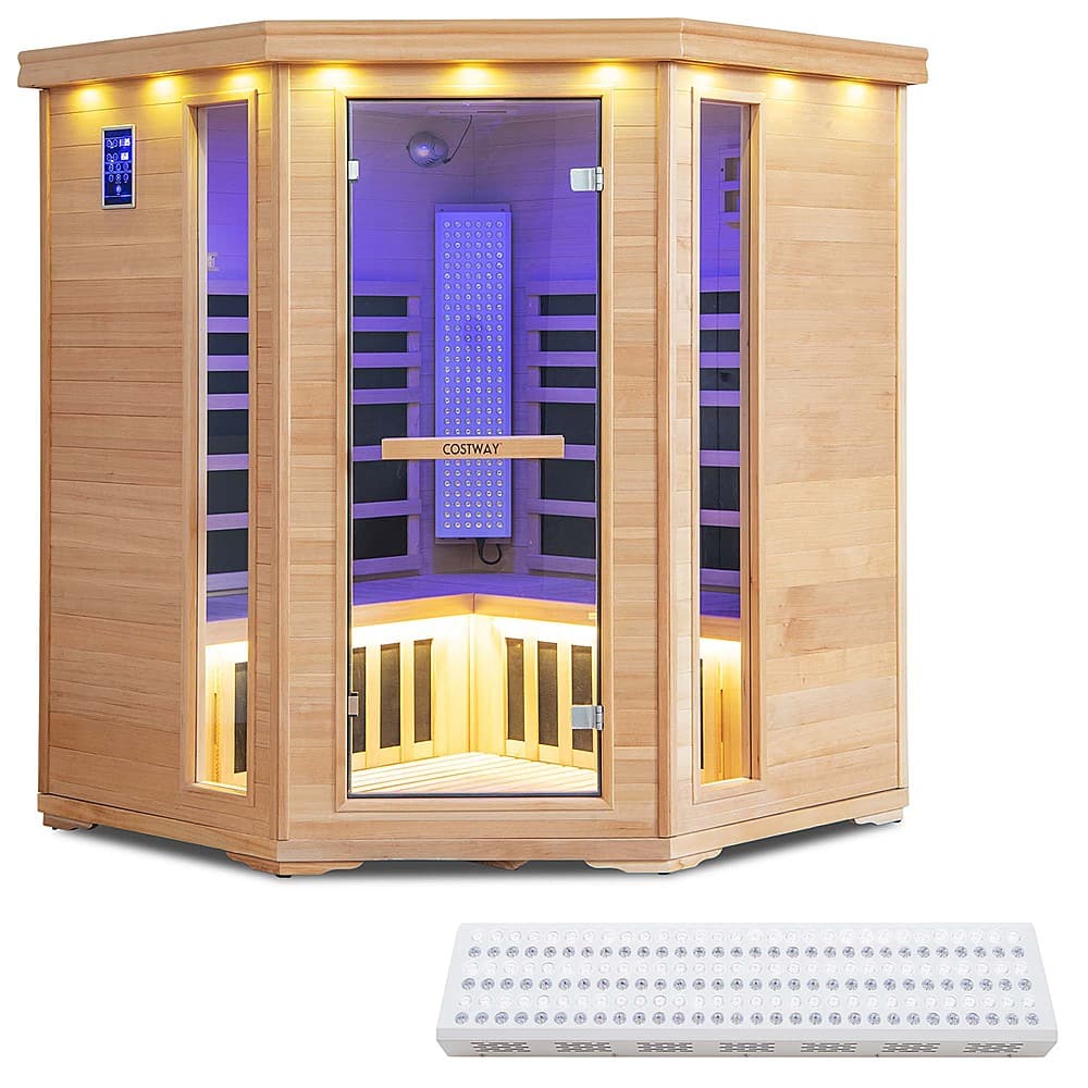 Costway - 3-5 People Far Infrared Wooden Sauna Room for Home 240V with Bluetooth Speakers - Natural