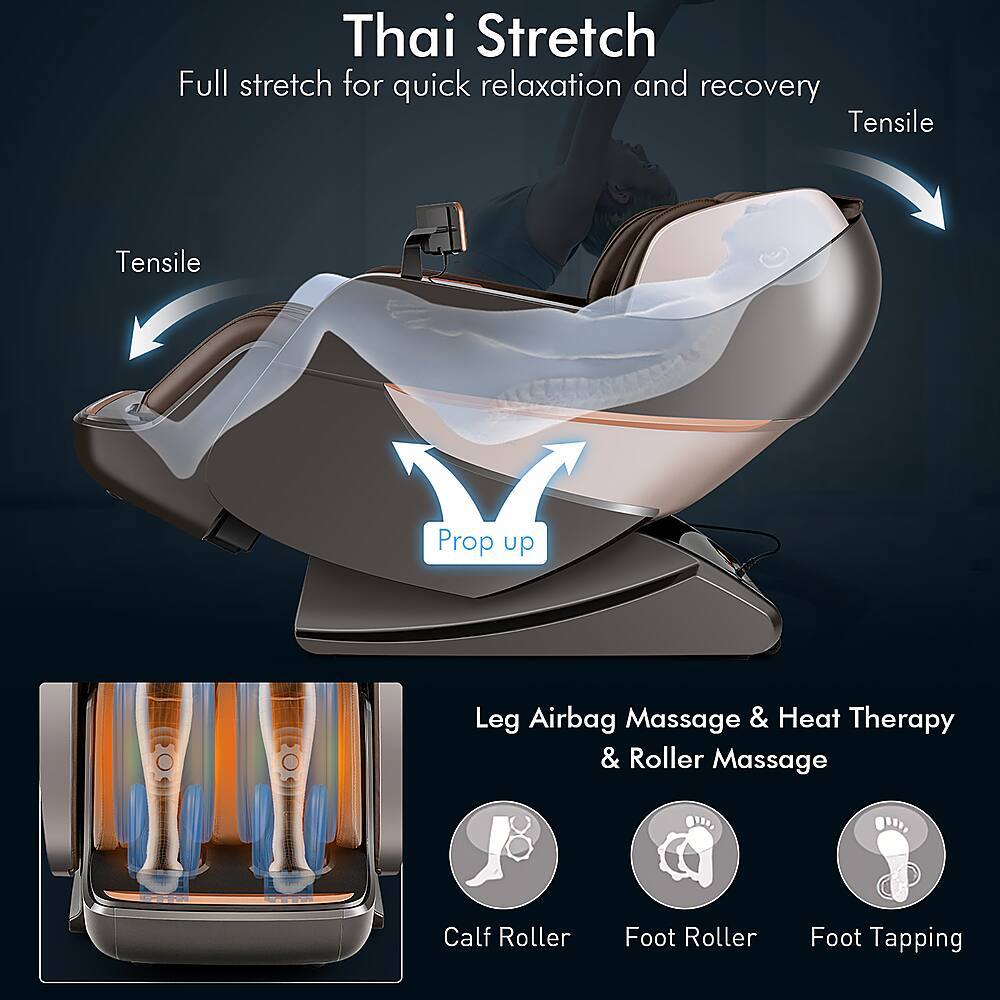 Thai Stretch: Full stretch for quick relaxation and recovery. Tensile: Tensile V Prop up Leg Airbag Massage & Heat Therapy & Roller Massage. Calf Roller: Foot Roller. Foot Roller: Foot Tapping.