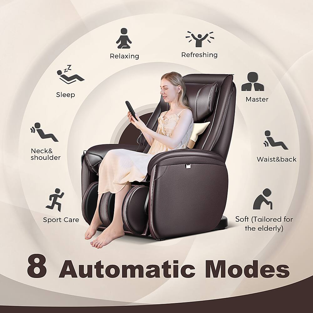 The text on the image is already grouped and correctly written. It describes the different modes of a massage chair, including relaxing, refreshing, sleep, master, neck and shoulder, waist and back, sport care, and soft (tailored for the elderly). The text also states that there are eight automatic modes available in the massage chair.