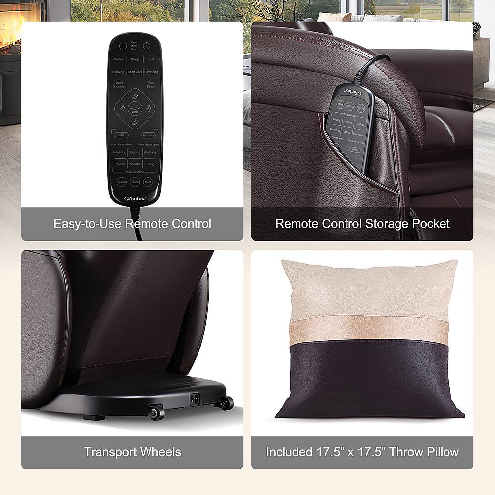 The text on the image is grouped and corrected as follows:
1. Easy-to-Use Remote Control: This feature allows users to control the recliner with a remote, providing convenience and ease of use.
2. Remote Control Storage Pocket: This feature provides a storage pocket for the remote control, keeping it within easy reach and preventing it from getting lost.
3. Transport Wheels Included: The recliner comes with transport wheels, making it easy to move around the room.
4. Included 17.5" X 17.5" Throw Pillow: The recliner comes with a throw pillow, adding comfort and style to the seating area.