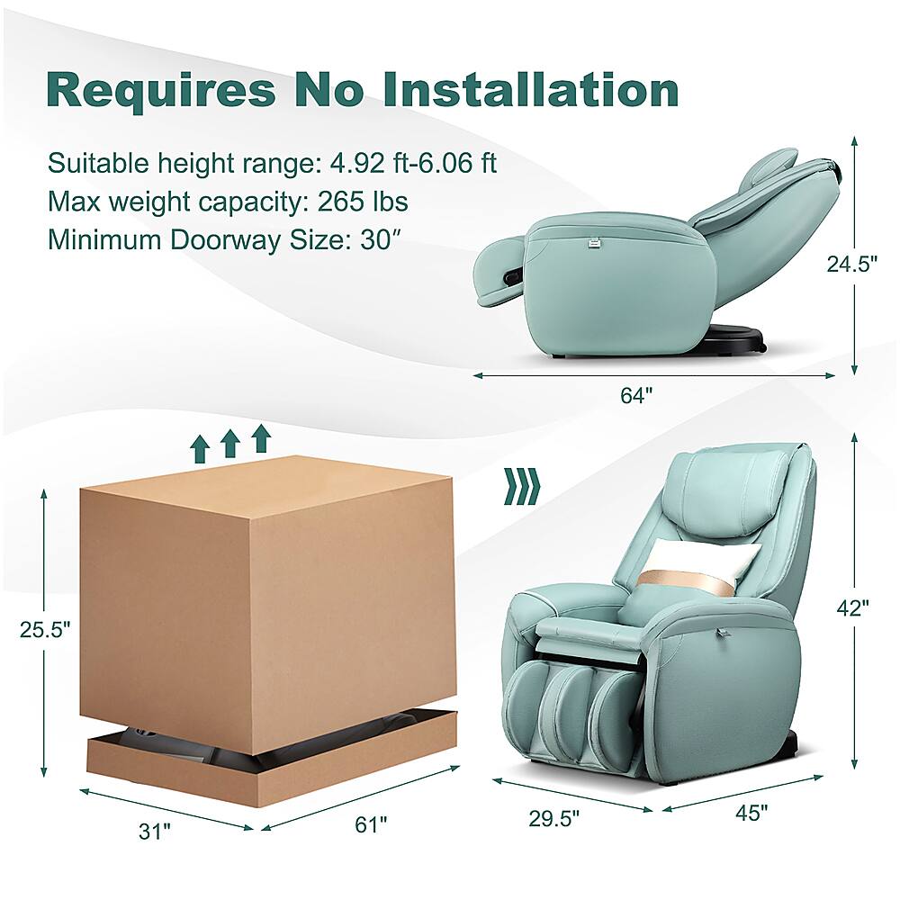 Requires No Installation. Suitable height range: 4.92 ft-6.06 ft. Max weight capacity: 265 lbs. Minimum Doorway Size: 30" x 64" x 25.5" x 42" x 31" x 61" x 29.5" x 45".