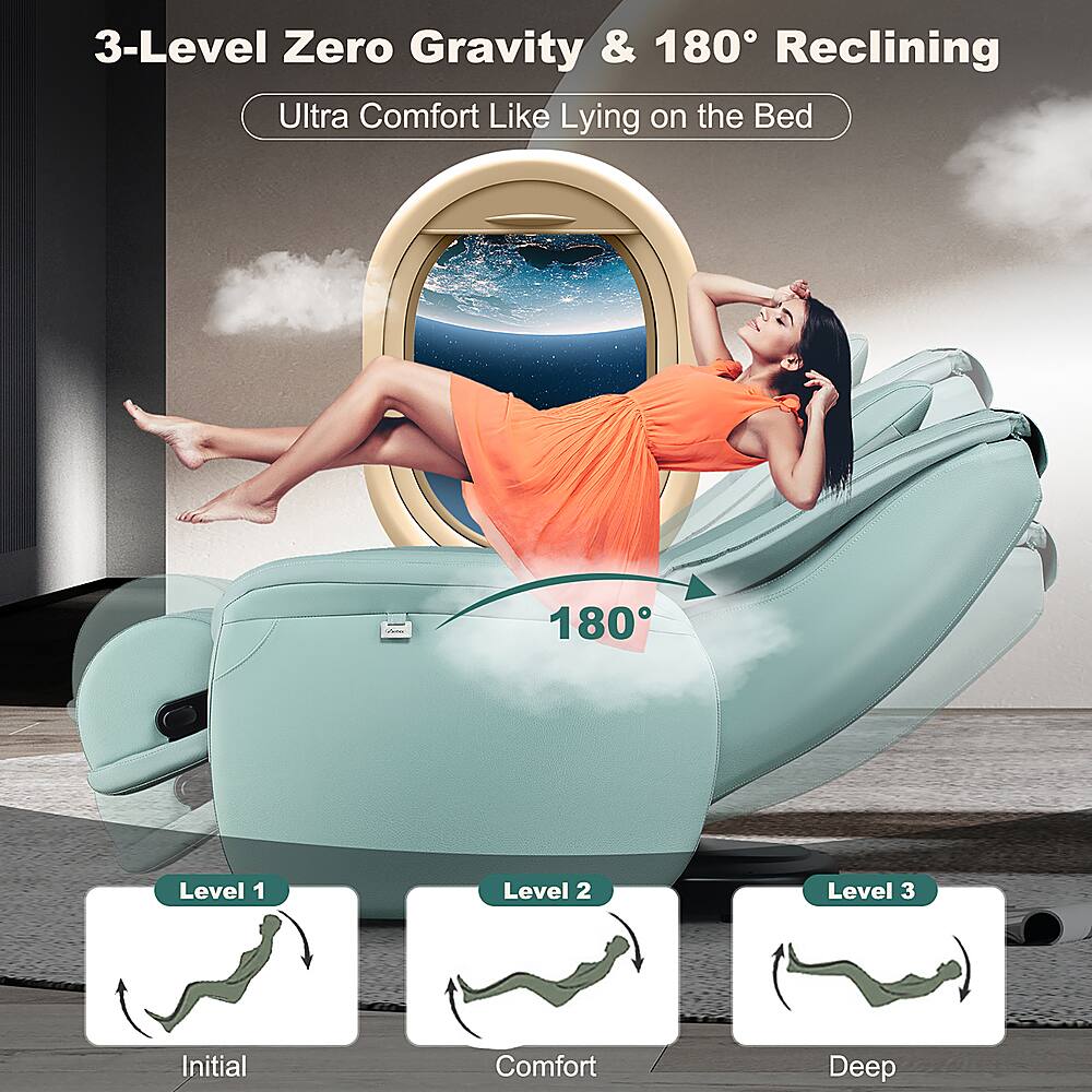 The text on the image reads: "3-Level Zero Gravity & 180 Reclining Ultra Comfort Like Lying on the Bed - 180 Level 1 Initial Level 2 Comfort Level 3 Deep."