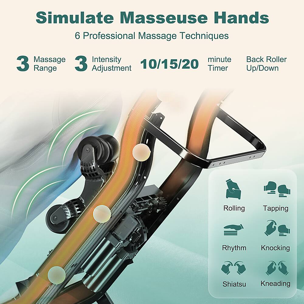 Simulate Masseuse Hands: 6 Professional Massage Techniques

Massage Intensity: 3 Intensity Range

3 Adjustment: 10/15/20 Minute Timer

Up/Down Roller: 3 Range

Rolling: Tapping

Rhythm: Knocking

Shiatsu: Kneading