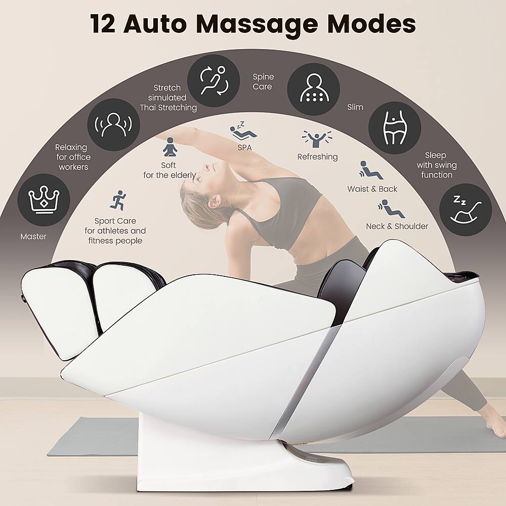 12 Auto Massage Modes:
1. Stretch simulated Thai Stretching
2. Spine Care
3. Slim
4. Relaxing for office workers
5. Soft for the elderly
6. SPA Refreshing
7. Waist & Back
8. Sleep with swing function
9. Zzzz Master
10. Sport Care for athletes and fitness people
11. Neck & Shoulder
12. Master