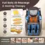 Full Body Air Massage & Heating Therapy:

* 6 Levels of Speed
* Waist Heating with 3 Gears
* 30 Airbag Massage
* 5 Volume Settings
* Timer of 5-30 Minutes
* Foot Rollers
* 6 Massage Techniques:
	1. Kneading
	2. Tapping
	3. Shiatsu
	4. Clapping
	5. Knocking
	6. Rolling