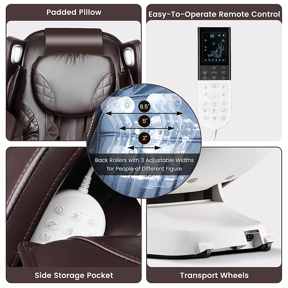 The text on the image is grouped and corrected as follows:
1. Padded Pillow: Easy-To-Operate Remote Control
2. Back Rollers with 3 Adjustable Widths for People of Different Figure
3. Side Storage Pocket
4. Transport Wheels