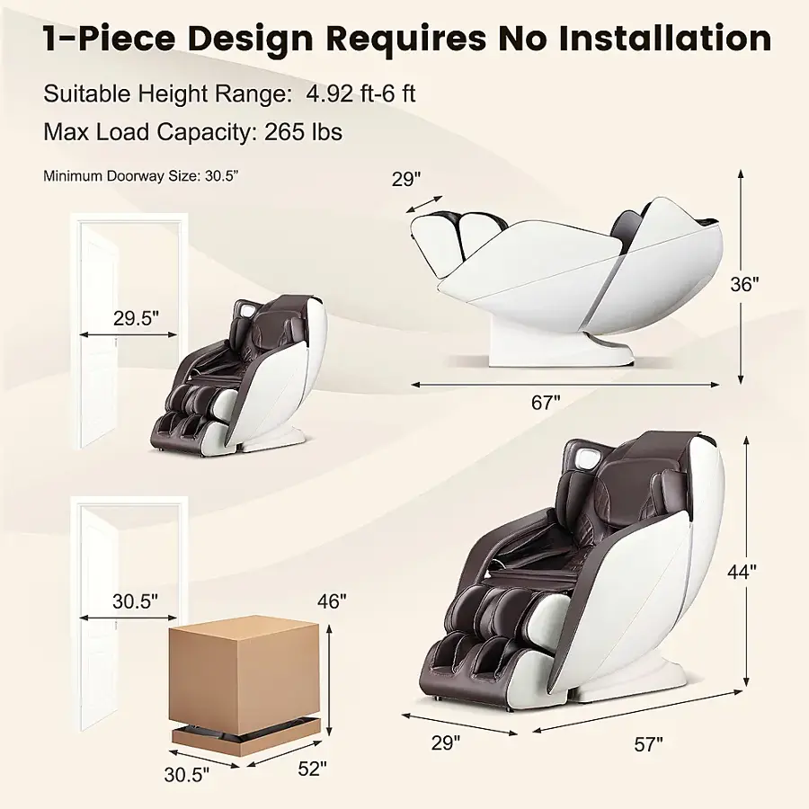1-Piece Design Requires No Installation Suitable Height Range: 4.92 ft-6 ft Max Load Capacity: 265 lbs Minimum Doorway Size: 30.5" 29" 36" 29.5" 67" 30.5" 46" 44" 30.5" 52" 29" 57"