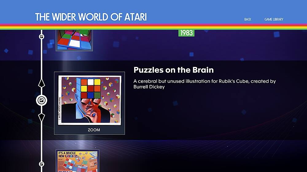 The Wider World of Atari! Back Game Library 5 (1983) Puzzles on the Brain: A cerebral but unused illustration for Rubik's Cube, created by Burrell Dickey.