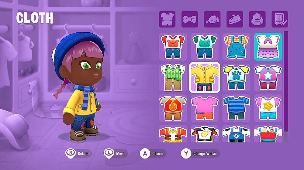 The text on the image reads: "CLOTH RXUN 0 R Rotate L Move A Choose Y Change Avatar."