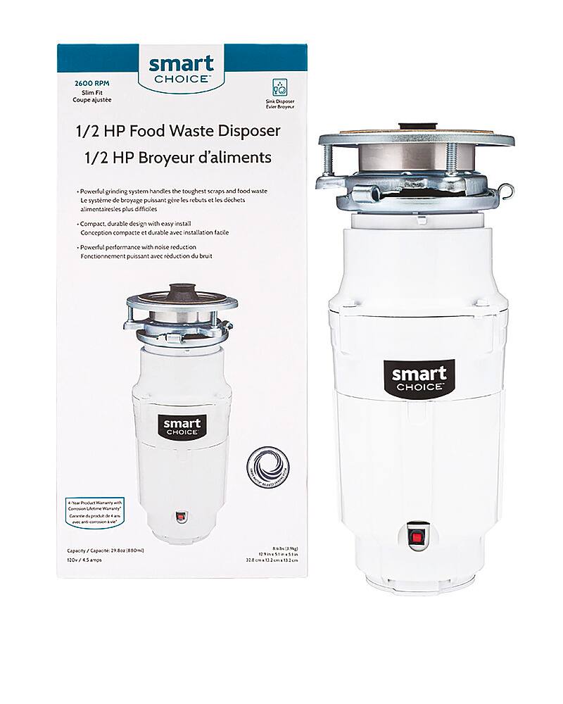 The image features a white Smart Choice food waste disposer, which is a compact and durable appliance designed for easy installation. The powerful grinding system of the disposer handles tough food waste and scraps efficiently. The product is equipped with a noise reduction feature, ensuring a quieter operation. The food waste disposer is suitable for 1/2 HP food waste disposer applications and is designed to handle a wide range of food waste types.