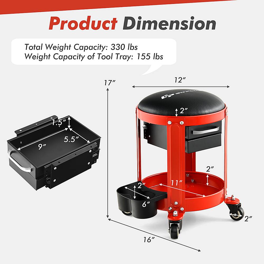 Product Dimension: Total Weight Capacity: 330 lbs, Weight Capacity of Tool Tray: 155 lbs.