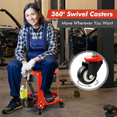Rolling Mechanic Stool with Removable Padded Seat and Drawers-Red | Costway Rolling Mechanic Stool with Removable Padded Seat and Drawers-Red | Costway