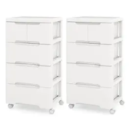 Costway - 2 PCS 5-Drawer Plastic Rolling Storage Cart with 4 Universal Wheels Dresser Cabinet - White