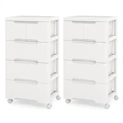 Front. Costway - Costway 2 PCS 5-Drawer Plastic Rolling Storage Cart with 4 Universal Wheels Dresser Cabinet - White.